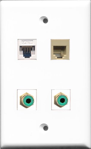 RiteAV - 2 Port RCA Green and 1 Port Phone RJ11 RJ12 Beige and 1 Port Cat5e Ethernet White Wall Plate