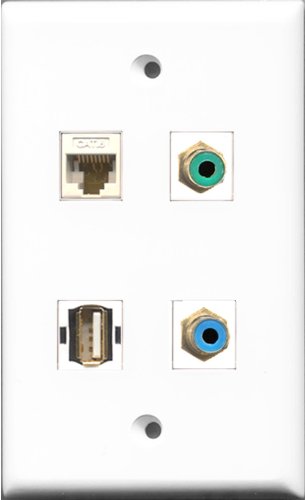RiteAV 1 Port RCA Green and 1 Port RCA Blue and 1 Port USB A-A and 1 Port Cat6 Ethernet White Wall Plate
