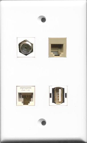 RiteAV 1 Port Coax Cable TV- F-Type and 1 Port USB A-A and 1 Port Phone RJ11 RJ12 Beige and 1 Port Cat6 Ethernet White Wall Plate