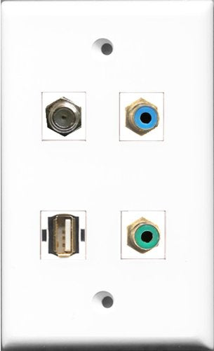 RiteAV 1 Port RCA Green and 1 Port RCA Blue and 1 Port Coax Cable TV- F-Type and 1 Port USB A-A Wall Plate