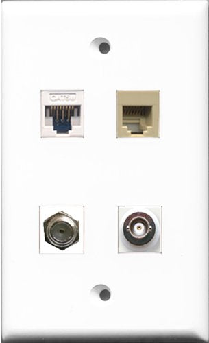 RiteAV 1 Port Coax Cable TV- F-Type and 1 Port Phone RJ11 RJ12 Beige and 1 Port BNC and 1 Port Cat5e Ethernet White Wall Plate