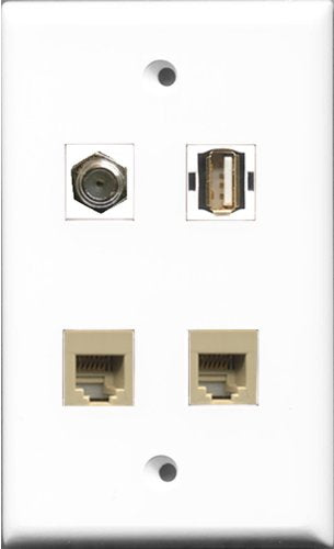 RiteAV 1 Port Coax Cable TV- F-Type and 1 Port USB A-A 2 Port Phone RJ11 RJ12 Beige Wall Plate