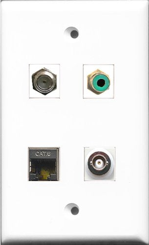 RiteAV 1 Port RCA Green and 1 Port Coax Cable TV- F-Type and 1 Port Shielded Cat6 Ethernet and 1 Port BNC Wall Plate