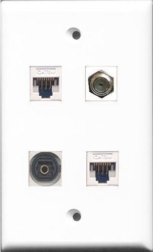 RiteAV - 1 Port Coax Cable TV- F-Type and 1 Port Toslink 2 Port Cat5e Ethernet White Wall Plate