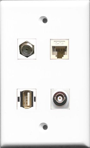 RiteAV 1 Port Coax Cable TV- F-Type and 1 Port USB A-A and 1 Port BNC and 1 Port Cat6 Ethernet White Wall Plate