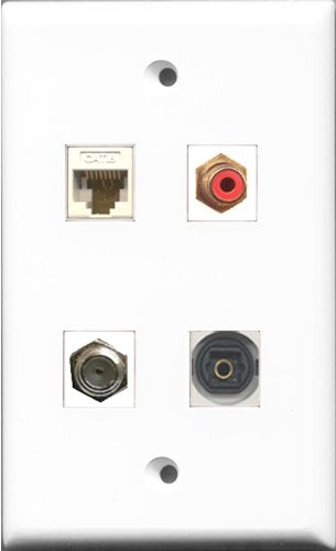 RiteAV 1 Port RCA Red and 1 Port Coax Cable TV- F-Type and 1 Port Toslink and 1 Port Cat6 Ethernet White Wall Plate