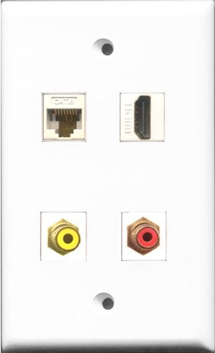 RiteAV 1 Port HDMI and 1 Port RCA Red and 1 Port RCA Yellow and 1 Port Cat6 Ethernet White Wall Plate