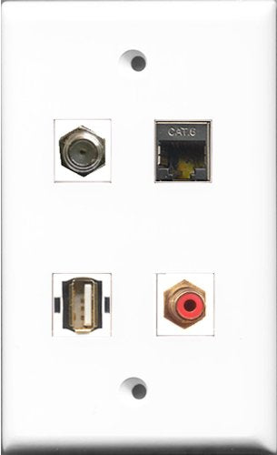 RiteAV 1 Port RCA Red and 1 Port Coax Cable TV- F-Type and 1 Port USB A-A and 1 Port Shielded Cat6 Ethernet Wall Plate