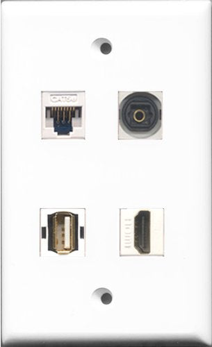 RiteAV 1 Port HDMI and 1 Port USB A-A and 1 Port Toslink and 1 Port Cat5e Ethernet White Wall Plate