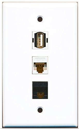 RiteAV - 1 Port USB A-A and 1 Port Cat6 Ethernet White and 1 Port Cat6 Ethernet Black Wall Plate