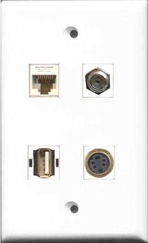 RiteAV 1 Port Coax Cable TV- F-Type and 1 Port USB A-A and 1 Port S-Video and 1 Port Cat6 Ethernet White Wall Plate