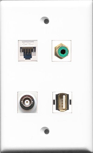 RiteAV 1 Port RCA Green and 1 Port USB A-A and 1 Port BNC and 1 Port Cat5e Ethernet White Wall Plate