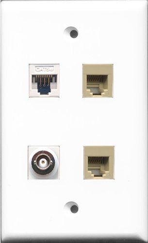 RiteAV - 2 Port Phone RJ11 RJ12 Beige and 1 Port BNC and 1 Port Cat5e Ethernet White Wall Plate