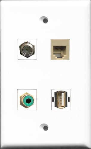 RiteAV 1 Port RCA Green and 1 Port Coax Cable TV- F-Type and 1 Port USB A-A and 1 Port Phone RJ11 RJ12 Beige Wall Plate