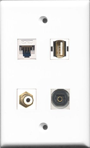 RiteAV 1 Port RCA White and 1 Port USB A-A and 1 Port Toslink and 1 Port Cat5e Ethernet White Wall Plate