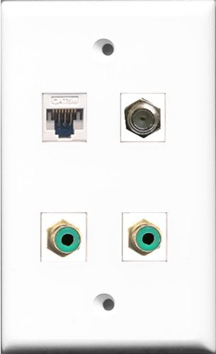 RiteAV - 2 Port RCA Green and 1 Port Coax Cable TV- F-Type and 1 Port Cat5e Ethernet White Wall Plate