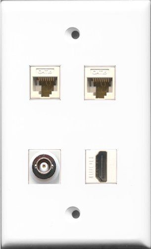 RiteAV 1 Port HDMI and 1 Port BNC 2 Port Cat6 Ethernet White Wall Plate