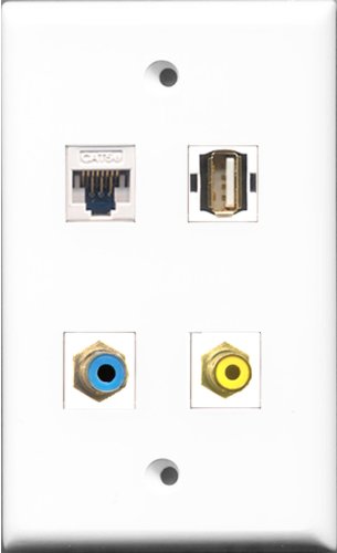 RiteAV 1 Port RCA Yellow and 1 Port RCA Blue and 1 Port USB A-A and 1 Port Cat5e Ethernet White Wall Plate
