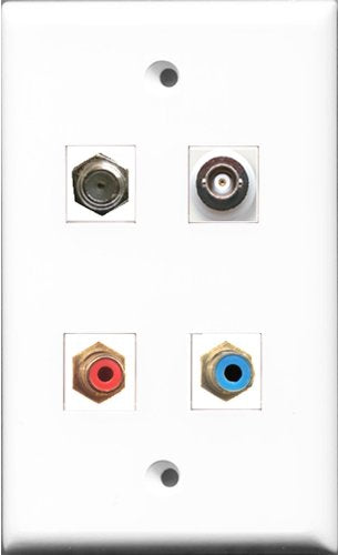 RiteAV 1 Port RCA Red and 1 Port RCA Blue and 1 Port Coax Cable TV- F-Type and 1 Port BNC Wall Plate