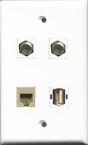RiteAV - 2 Port Coax Cable TV- F-Type and 1 Port USB A-A and 1 Port Phone RJ11 RJ12 Beige Wall Plate