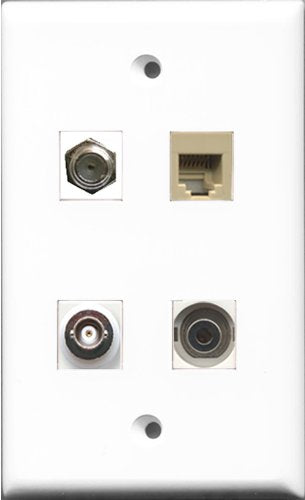 RiteAV 1 Port Coax Cable TV- F-Type and 1 Port Phone RJ11 RJ12 Beige and 1 Port 3.5mm and 1 Port BNC Wall Plate