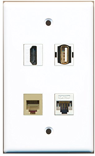 RiteAV - 1 Port HDMI 1 Port USB A-A 1 Port Phone RJ11 RJ12 Beige 1 Port Cat5e Ethernet White Wall Plate