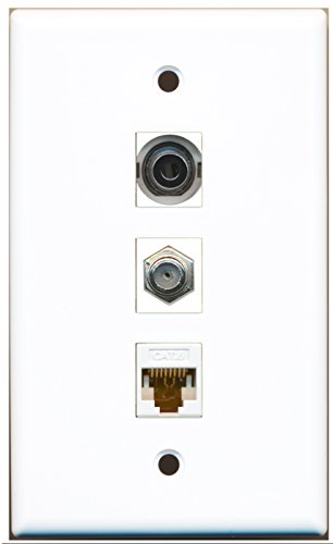 RiteAV - 1 Port Coax Cable TV- F-Type and 1 Port 3.5mm and 1 Port Cat6 Ethernet White Wall Plate