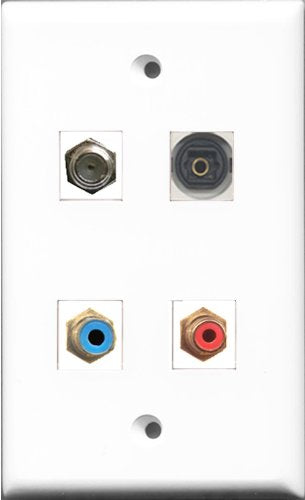RiteAV 1 Port RCA Red and 1 Port RCA Blue and 1 Port Coax Cable TV- F-Type and 1 Port Toslink Wall Plate