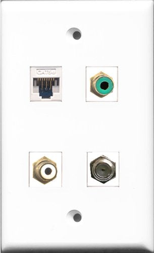 RiteAV 1 Port RCA White and 1 Port RCA Green and 1 Port Coax Cable TV- F-Type and 1 Port Cat5e Ethernet White Wall Plate