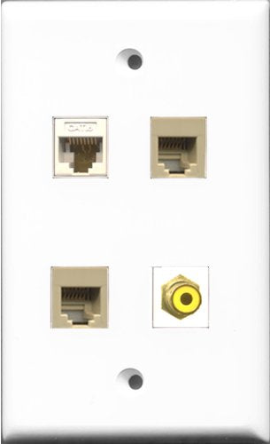 RiteAV 1 Port RCA Yellow 2 Port Phone RJ11 RJ12 Beige and 1 Port Cat6 Ethernet White Wall Plate