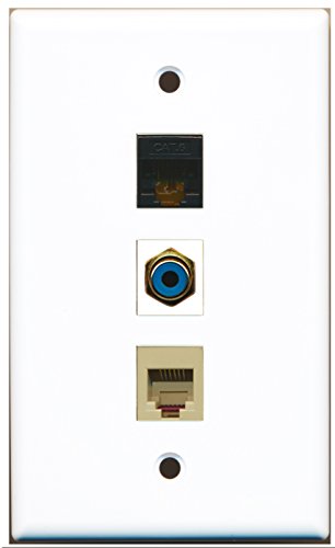 RiteAV - 1 Port RCA Blue and 1 Port Phone RJ11 RJ12 Beige and 1 Port Cat6 Ethernet Black Wall Plate