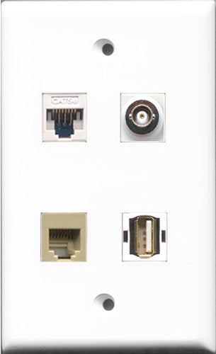 RiteAV - 1 Port USB A-A and 1 Port Phone RJ11 RJ12 Beige and 1 Port BNC and 1 Port Cat5e Ethernet White Wall Plate