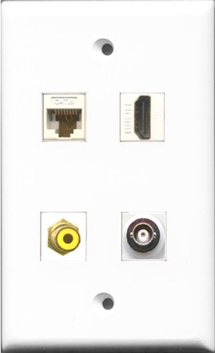 RiteAV 1 Port HDMI and 1 Port RCA Yellow and 1 Port BNC and 1 Port Cat6 Ethernet White Wall Plate