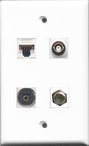 RiteAV - 1 Port Coax Cable TV- F-Type and 1 Port Toslink and 1 Port BNC and 1 Port Cat5e Ethernet White Wall Plate