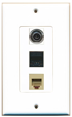 RiteAV - 1 Port Phone RJ11 RJ12 Beige and 1 Port 3.5mm and 1 Port Cat5e Ethernet Black Wall Plate Decorative