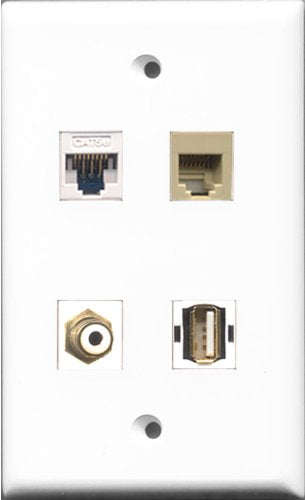 RiteAV 1 Port RCA White and 1 Port USB A-A and 1 Port Phone RJ11 RJ12 Beige and 1 Port Cat5e Ethernet White Wall Plate
