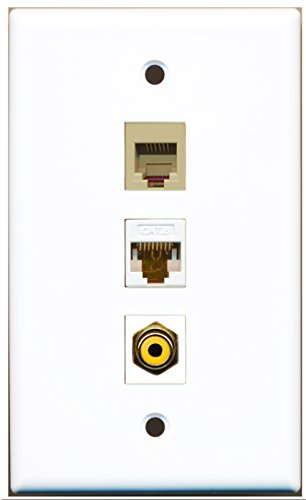 RiteAV - 1 Port RCA Yellow and 1 Port Phone RJ11 RJ12 Beige and 1 Port Cat6 Ethernet White Wall Plate