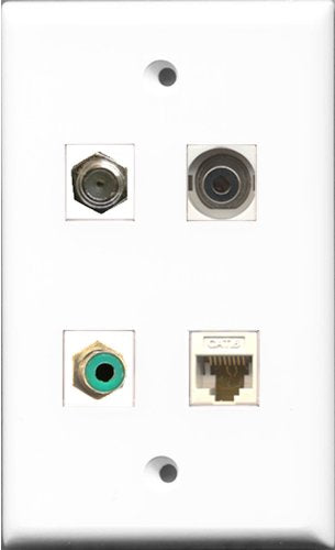 RiteAV 1 Port RCA Green and 1 Port Coax Cable TV- F-Type and 1 Port 3.5mm and 1 Port Cat6 Ethernet White Wall Plate