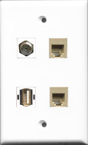 RiteAV 1 Port Coax Cable TV- F-Type and 1 Port USB A-A 2 Port Phone RJ11 RJ12 Beige Wall Plate