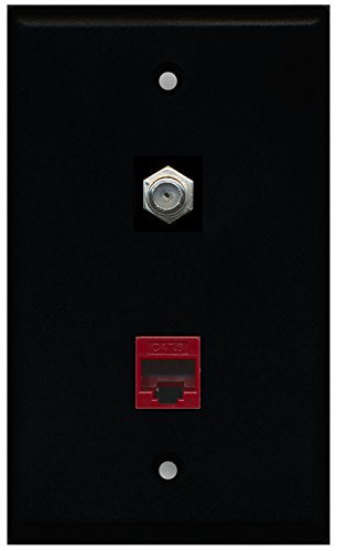 RiteAV - Black 1 Port Coax Cable TV- F-Type 1 Port Cat6 Ethernet Red Wall Plate