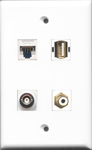 RiteAV 1 Port RCA White and 1 Port USB A-A and 1 Port BNC and 1 Port Cat5e Ethernet White Wall Plate