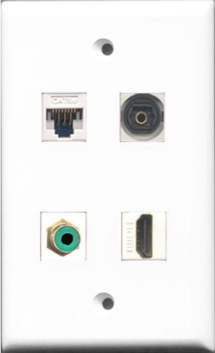 RiteAV 1 Port HDMI and 1 Port RCA Green and 1 Port Toslink and 1 Port Cat5e Ethernet White Wall Plate