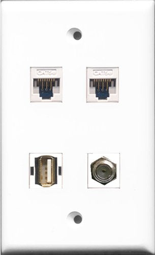 RiteAV - 1 Port Coax Cable TV- F-Type and 1 Port USB A-A 2 Port Cat5e Ethernet White Wall Plate