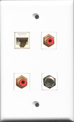RiteAV - 2 Port RCA Red and 1 Port Coax Cable TV- F-Type and 1 Port Cat6 Ethernet White Wall Plate