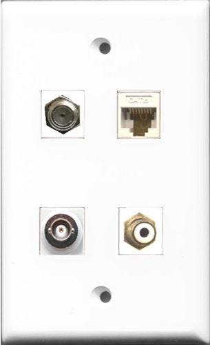 RiteAV 1 Port RCA White and 1 Port Coax Cable TV- F-Type and 1 Port BNC and 1 Port Cat6 Ethernet White Wall Plate