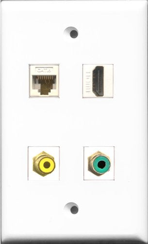 RiteAV 1 Port HDMI and 1 Port RCA Yellow and 1 Port RCA Green and 1 Port Cat6 Ethernet White Wall Plate