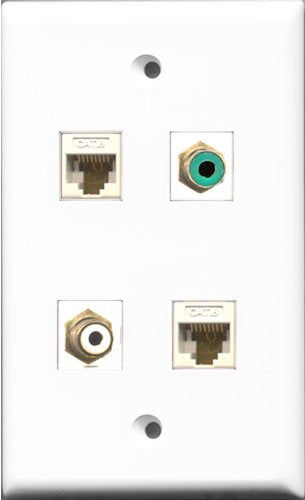 RiteAV 1 Port RCA White and 1 Port RCA Green 2 Port Cat6 Ethernet White Wall Plate