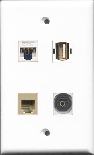 RiteAV 1 Port USB A-A and 1 Port Phone RJ11 RJ12 Beige and 1 Port Toslink and 1 Port Cat5e Ethernet White Wall Plate