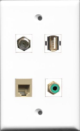 RiteAV 1 Port RCA Green and 1 Port Coax Cable TV- F-Type and 1 Port USB A-A and 1 Port Phone RJ11 RJ12 Beige Wall Plate
