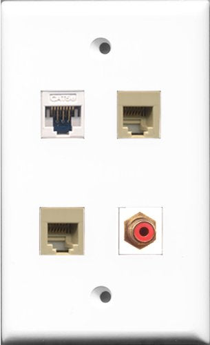RiteAV 1 Port RCA Red 2 Port Phone RJ11 RJ12 Beige and 1 Port Cat5e Ethernet White Wall Plate